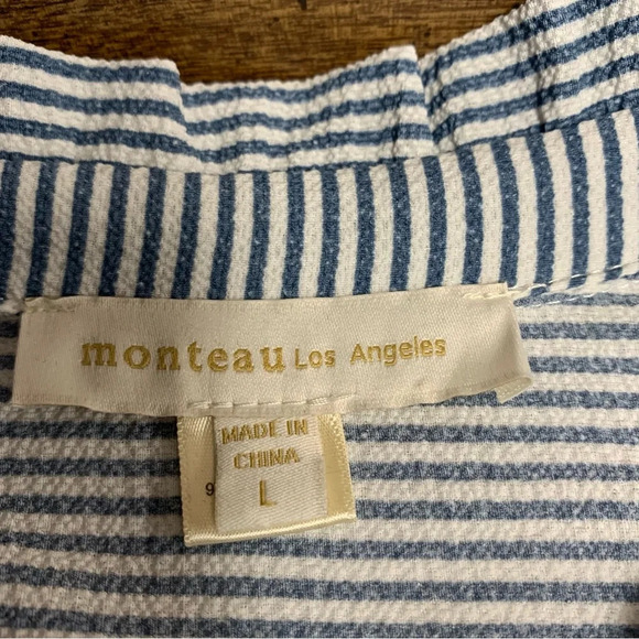Monteau Los Angeles blue/white seersucker blouse size large mandarin collar - Picture 4 of 7